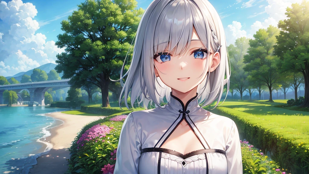 Ultra HD,Look at the viewers, Put your hands behind your back, With a girl, 20-year-old, 非常にShort Hair, Long bangs between the eyes, Pale blue eyes,  Very detailed,(masterpiece、Highest quality),Gray Hair、Laughter、Fantastic, Silver Hair, Iris,  Short hair、 Fluttering Hair、Small Face、明るいsmile、(Detailed face) ,Professional Lighting,Wonderful landscape,blue sky, sunlight,Looking down from above,Portraiture、Open your mouth、Flower Field、Her eyes were shining、Mysterious and enchanting atmosphere。With AI Painting、とてもShort Hair, Long bangs between the eyes, Very detailed,(masterpiece、Highest quality)、alone、Gray Hair、Fantasy, Silver Hair, Fantasyな風景、smile、Open your mouth、short hair、Short Hair、hairpin、black eye、Grey Eyes、Beautiful Eyes、White shirt、Jacket、I can see the neck、The clavicle is visible