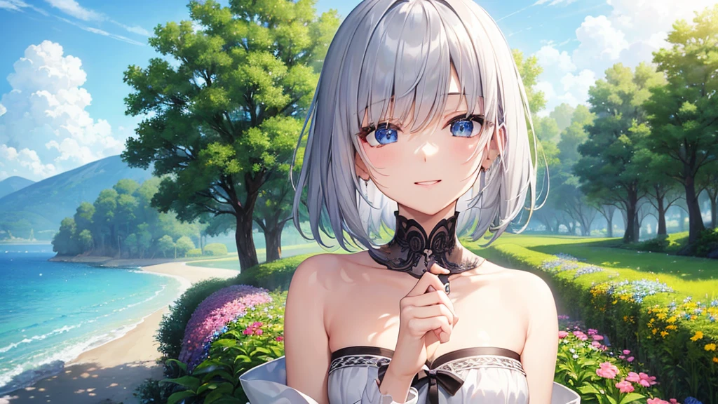 Ultra HD,Look at the viewers, Put your hands behind your back, With a girl, 20-year-old, 非常にShort Hair, Long bangs between the eyes, Pale blue eyes,  Very detailed,(masterpiece、Highest quality),Gray Hair、Laughter、Fantastic, Silver Hair, Iris,  Short hair、 Fluttering Hair、Small Face、明るいsmile、(Detailed face) ,Professional Lighting,Wonderful landscape,blue sky, sunlight,Looking down from above,Portraiture、Open your mouth、Flower Field、Her eyes were shining、Mysterious and enchanting atmosphere。With AI Painting、とてもShort Hair, Long bangs between the eyes, Very detailed,(masterpiece、Highest quality)、alone、Gray Hair、Fantasy, Silver Hair, Fantasyな風景、smile、Open your mouth、short hair、Short Hair、hairpin、black eye、Grey Eyes、Beautiful Eyes、White shirt、Jacket、I can see the neck、The clavicle is visible