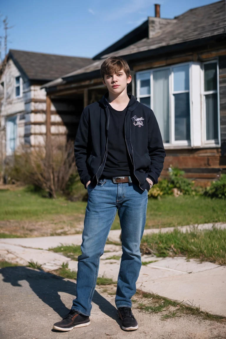 Realistic photo of solo handsome teenage men ,Standing In front of an abandoned house ,daytime