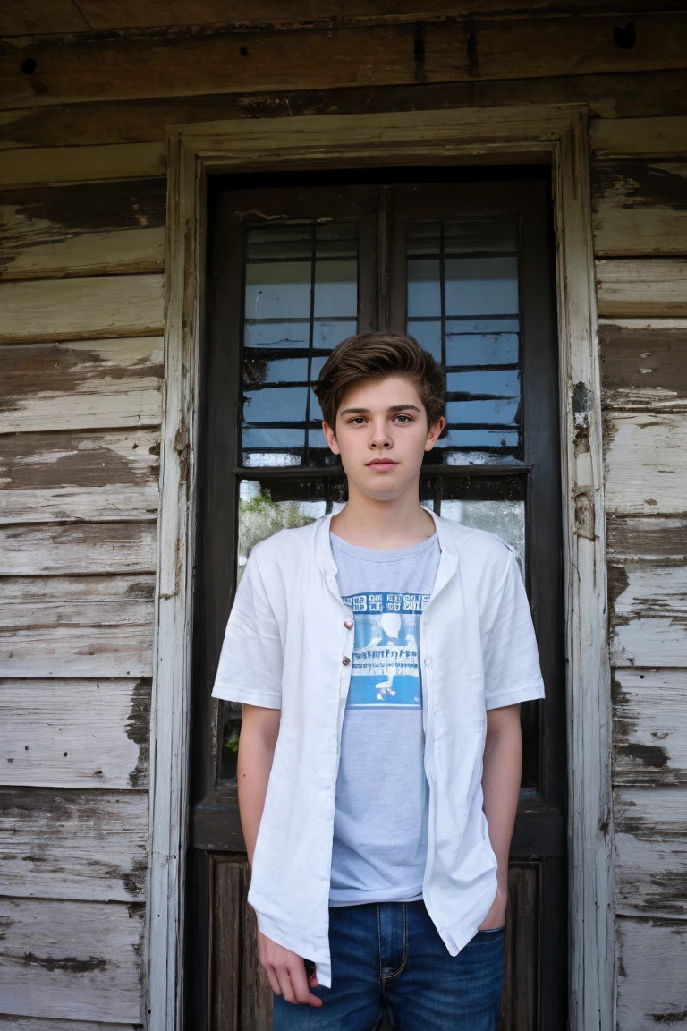 Realistic photo of solo handsome teenage men ,Standing In front of an abandoned house ,daytime