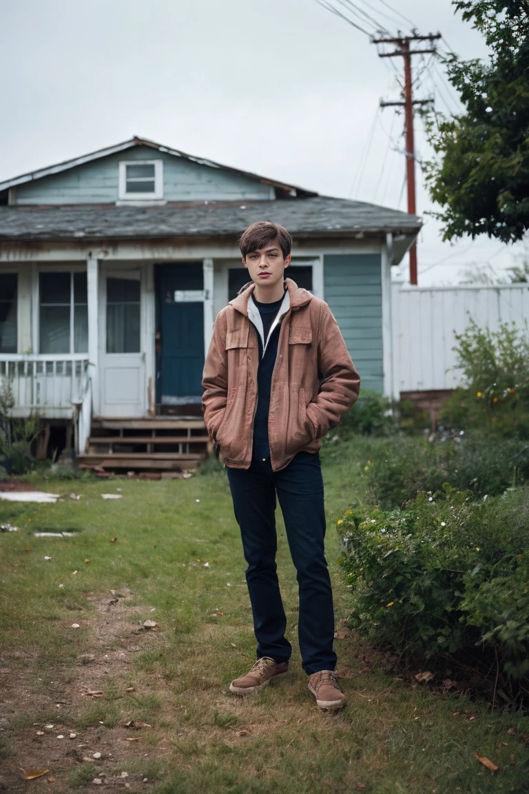 Realistic photo of solo handsome age men ,Standing In front of an abandoned house ,daytime