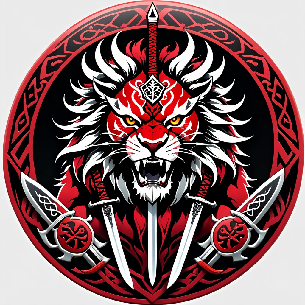 a beast, a lion-like creature, in red, black and white. Two swords pierce from inside her mouth and come out through her head. The beast displays a menacing look with crossed swords entering its mouth and piercing its head. two swords, two swords penetrating the creature. Badge of clan, icon, logo, simple background
