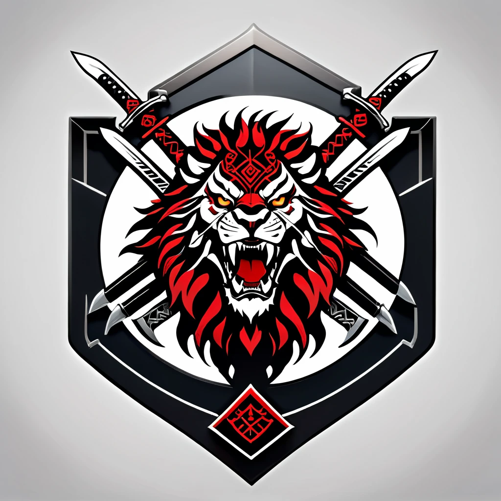 a beast, a lion-like creature, in red, black and white. Two swords pierce from inside her mouth and come out through her head. The beast displays a menacing look with crossed swords entering its mouth and piercing its head. two swords, two swords penetrating the creature. Badge of clan, icon, logo, simple background
