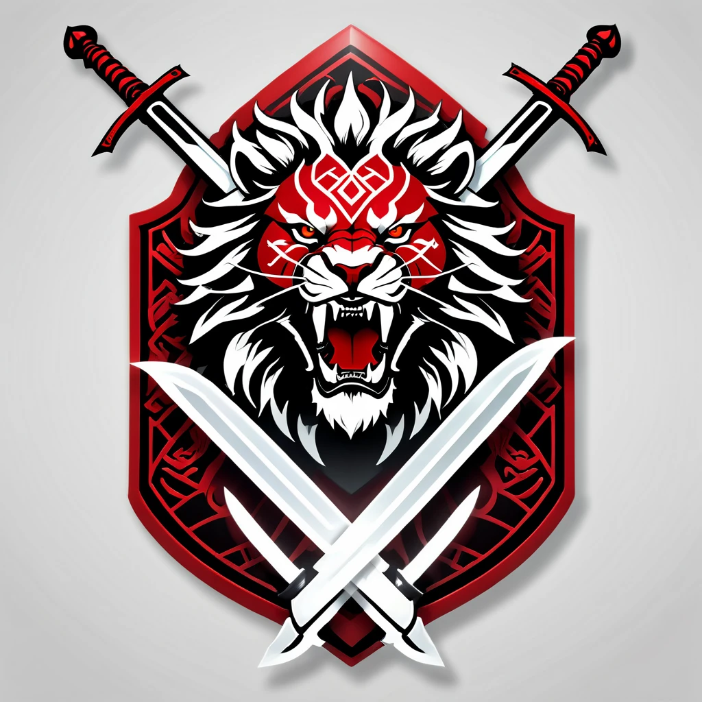 a beast, a lion-like creature, in red, black and white. Two swords pierce from inside her mouth and come out through her head. The beast displays a menacing look with crossed swords entering its mouth and piercing its head. two swords, two swords penetrating the creature. Badge of clan, icon, logo, simple background
