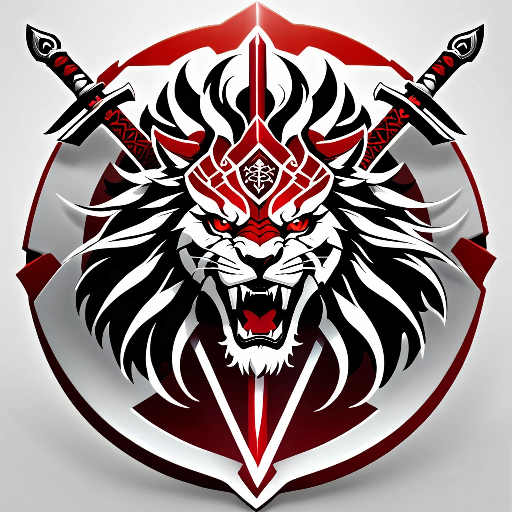 a beast, a lion-like creature, in red, black and white. Two swords pierce from inside her mouth and come out through her head. The beast displays a menacing look with crossed swords entering its mouth and piercing its head. two swords, two swords penetrating the creature. Badge of clan, icon, logo, simple background
