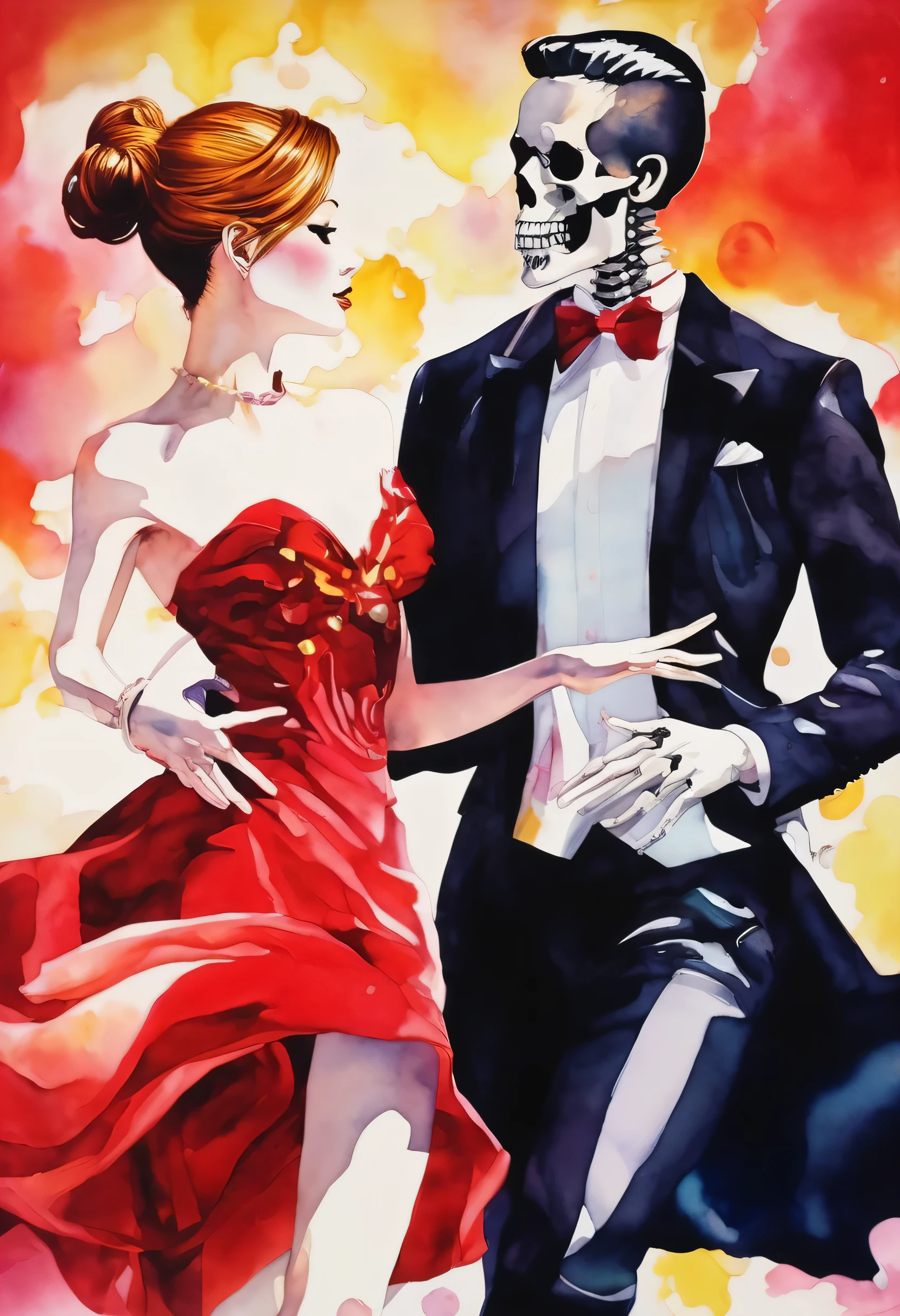 (artwork:Otomo Katsuhiro)
8K, High resolution, A complex and intricate masterpiece, (Summer vacation:1.2), (Skeleton men and women dancing ballroom dance、Male skeleton wearing a black suit、The female skeleton is wearing a red dress、Two people in love、 Organic Shapes, Hard Edge, Anatomically correct body, Ultra-realistic, elegant,Cinema Lighting, Very detailed, Vibrant colors, Octane Rendering、Unreal atmosphere, Award-winning works, Bright and rich colors, iridescent accents, Dramatic Shadows,Dynamic and atmospheric lighting, Anamorphic Lens, Sharp focus, An intricate and detailed masterpiece by Otomo Katsuhiro, Katsuhiro Otomo STYLE, Pop surrealism, watercolor ,