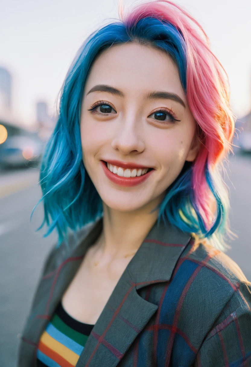 kfukvf-1990 close-up, Smile, Has blue and pink hair, Portraits, Inspired by Cindy Sherman, Unsplash, Red and lights, Portrait of a young girl, fish eye portrait, XF35mm F1.4 R, ?/2.8, 35.0 mm, 1/200, ISO 500