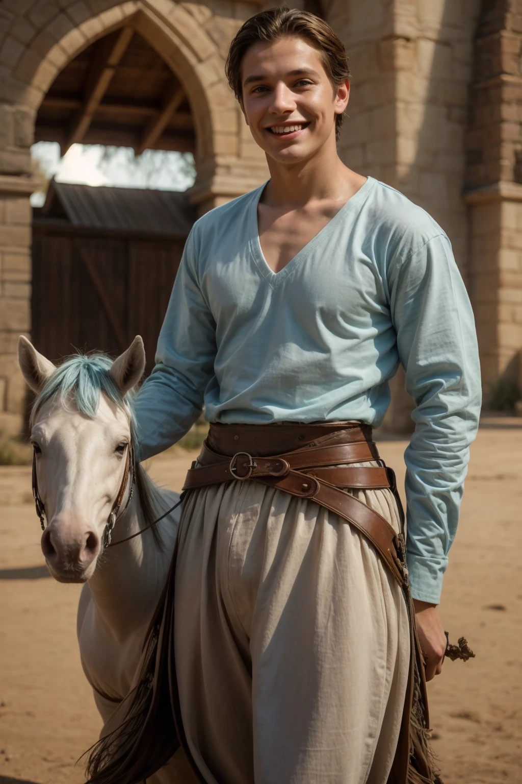 A smiling boy goes to war. He is a beautiful twinkling male. He wears a medieval shirt with drawstrings, a v-neck, cotton and linen, gothic, with long sleeves, aquamarine color, and white pants. He is a knight on horseback.