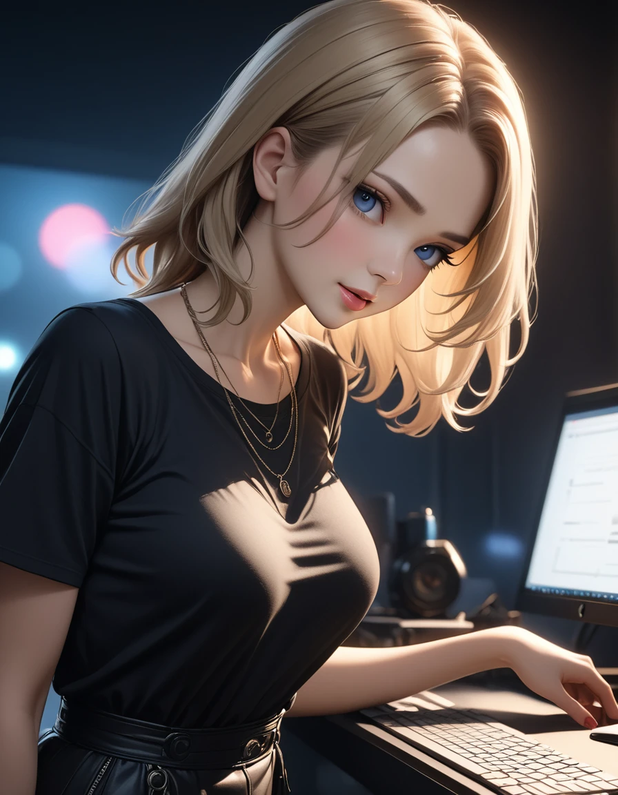 best quality, masterpiece, high resolution, A girl, blond, Blue eyes, fashion clothing, necklace, jewelry, Pretty Face, Perfect breasts, more than_Body, Tyndall effect, lifelike, Dark Studio, Side lighting, Two-color lighting, (HD Skin:1.2), 8k , Soft Light, high quality, Volumetric Lighting, frank, high resolution, 8k, Bokeh,hort depth of field, hacker female, computer