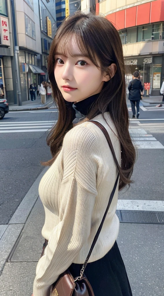 (Colossal tits、Turtleneck sweater、shoulder bags)、(top-quality,masterpiece:1.3,Ultra-high resolution,),(ultra - detailed,Caustics),(Reality:1.4,RAW shooting,)Hyper-realistic capture,A very detailed one,HD 16K human skin、 Natural skin texture、、Skin looks healthy、even skintone、 Use natural light and color,A woman who is,japanes,,kawaii,A brunette one,mid hair,(depth of fields、color difference、、Wide range of lighting、naturalshadow、)、(Hair swaying in the wind:1.2)、Streets of Tokyo