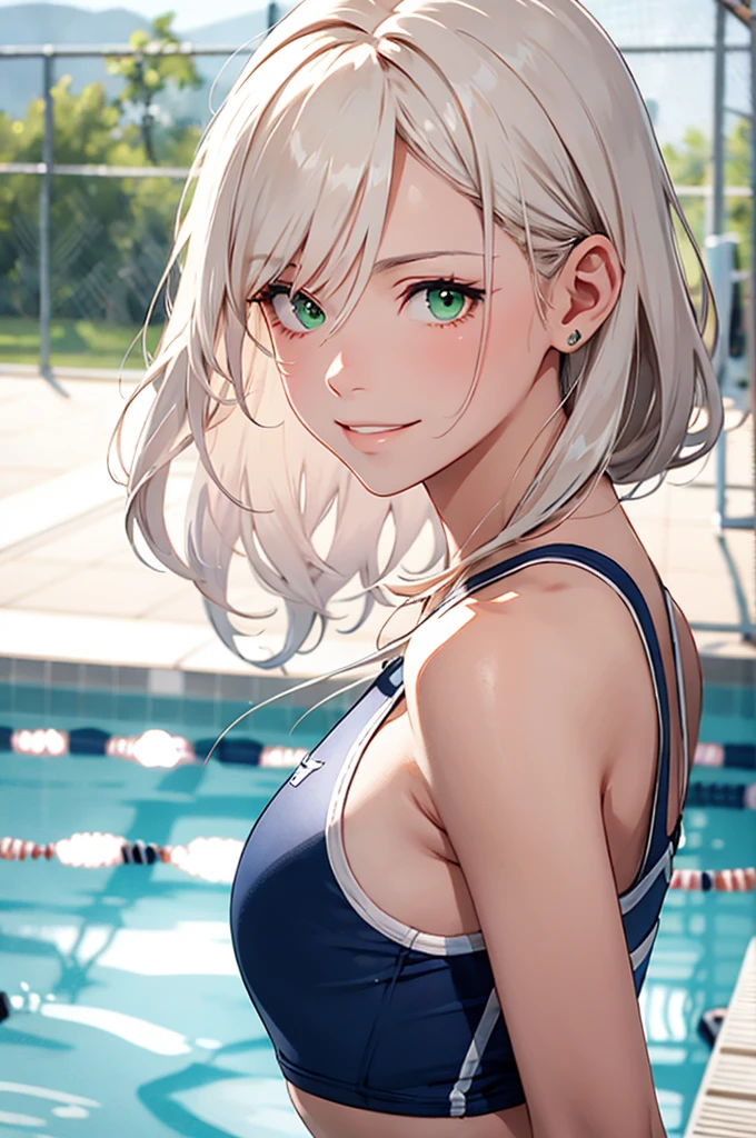 (masutepiece:1.2, Best Quality), (real picture, Intricate details), 1lady, Solo, Upper body, casual, Long hair, Minimal makeup, Natural fabrics, Close-up Face, Smile, school swimming pool, Long Light Platinum Blonde Hair, Bangs, Hair bangs, Bangs between the eyes, Green eyes,  Big butt, School Swimsuit, Tight swimsuit,   small detail