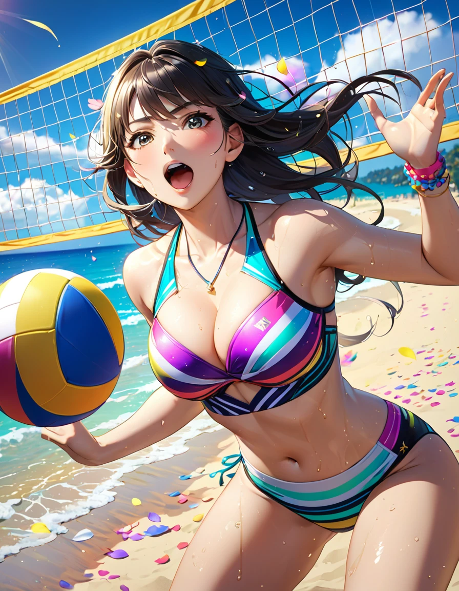 Highest quality, Highest quality, 16K, Unbelievably absurd, Very detailed, delicate and dynamic, Natural light, The particles reflect the rainbow colors, Diffuse reflection of light, Many rainbow-colored petals fall, 美しいSandy Beach, Sparkling sea surface, 海面にDiffuse reflection of light, Create amazing image effects, , (, Cute sexy girl, A large, swaying bust, Sensual expression, Passionate, dynamic, enthusiasm, Severe, Beach Volleyball, Flashy swimsuit, Sweat, Sandy Beach, Swimwear is see-through)