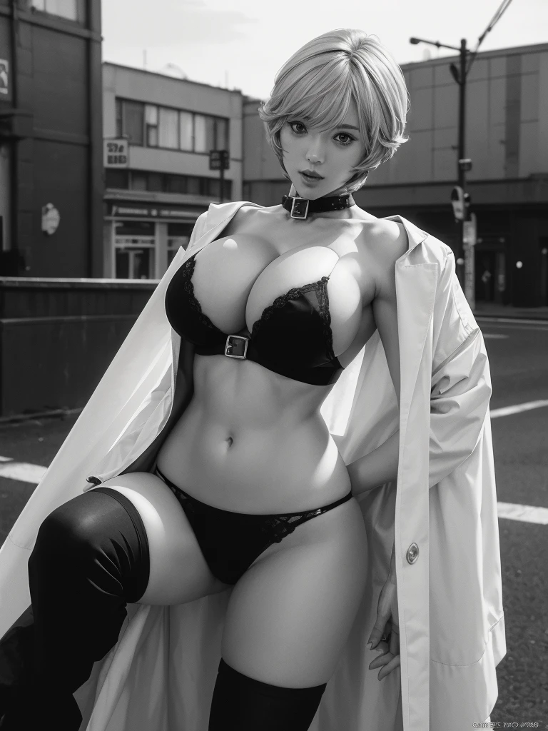 Very short hair, (masterpiece、Highest quality、Official Art), Neck up, View from the front, Looking at the audience:1.5, topless, Underless, White light coat:1.2, Black long boots, Black garter belt, Glowing Skin, Realistic:1.9, Very detailed, Full Body Shot:1.2, Bare Chest, naked, Cleave, Belly button pussy, Expose the center of the body, High resolution, full color photos, High detail, Extremely realistic detail, Ultimate realistic texture, Ultimate in exquisite detail, Professional photos, Sexy portrait of a girl, Voluptuous bust, Big Tits, Tight waist, Cleavage, Trained abdominal muscles, Big Ass,Complete the whole body, Full body image, No underwear, Highest quality, ((background:On the streets of the city:1.4)), Suzune, Suzune's clothes