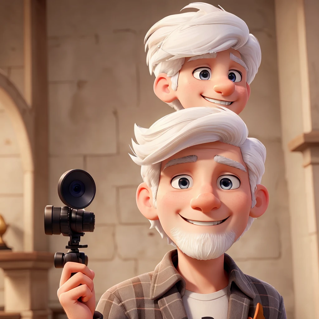 a man white hair and gorgeous looking at the camera is recording him with a great smile