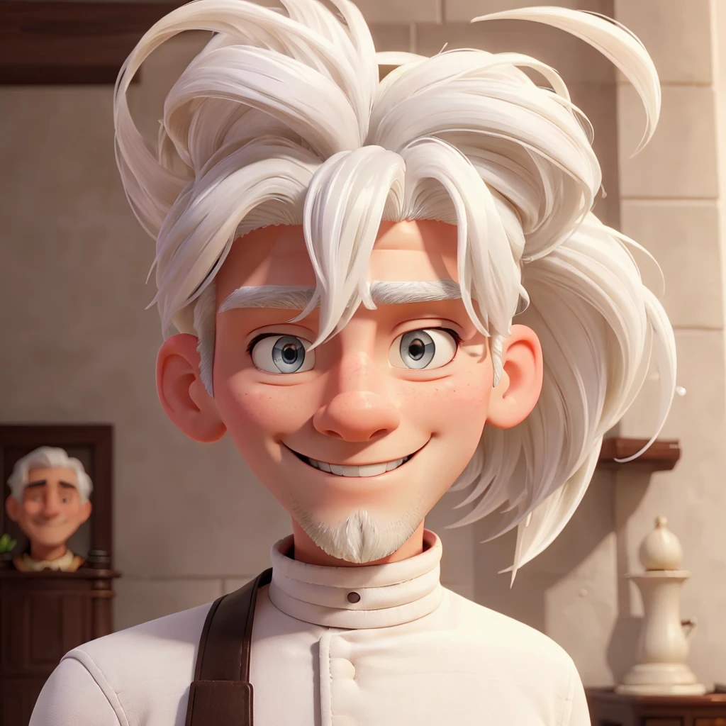 a man white hair and gorgeous looking at the camera is recording him with a great smile