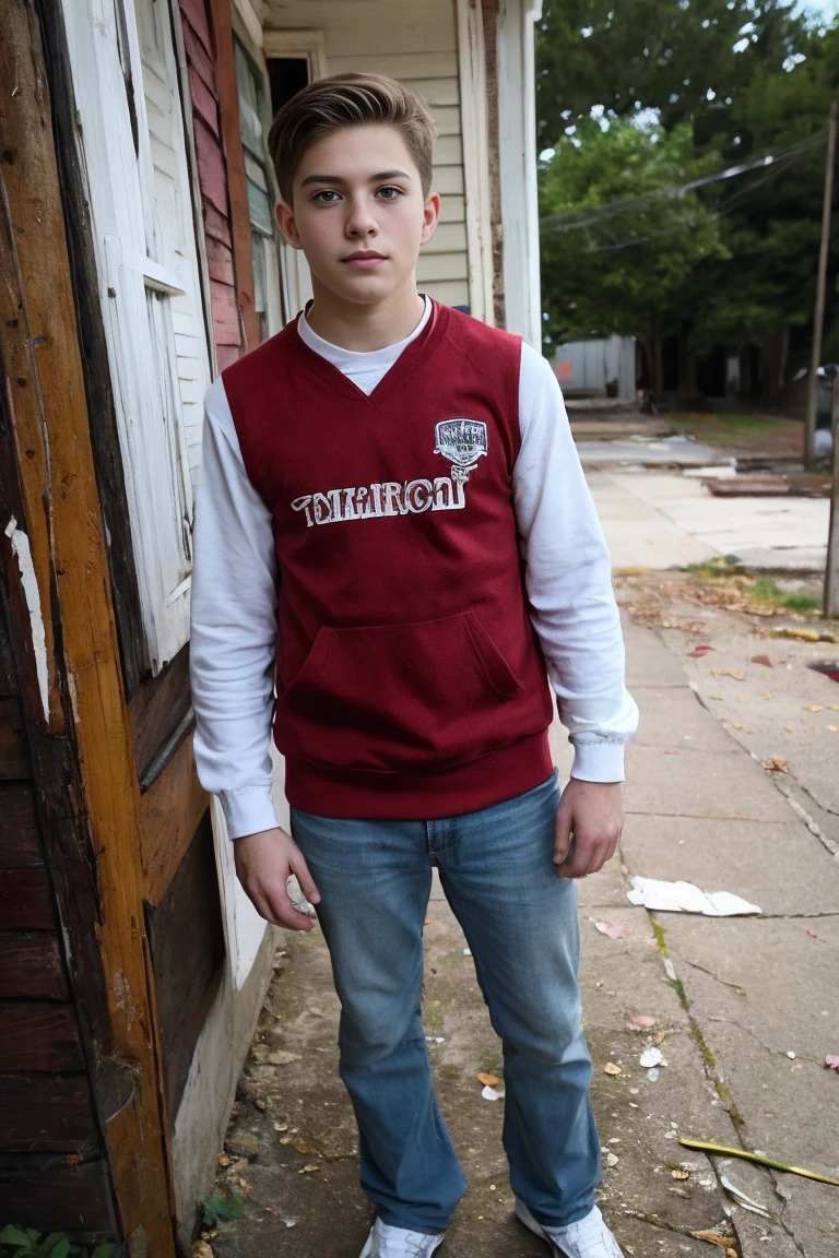 Realistic photo of solo handsome teenage men ,Standing In front of an abandoned house ,daytime
