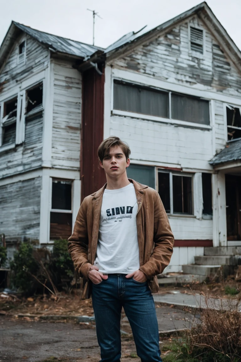 Realistic photo of solo handsome teenage men ,Standing In front of an abandoned house ,daytime