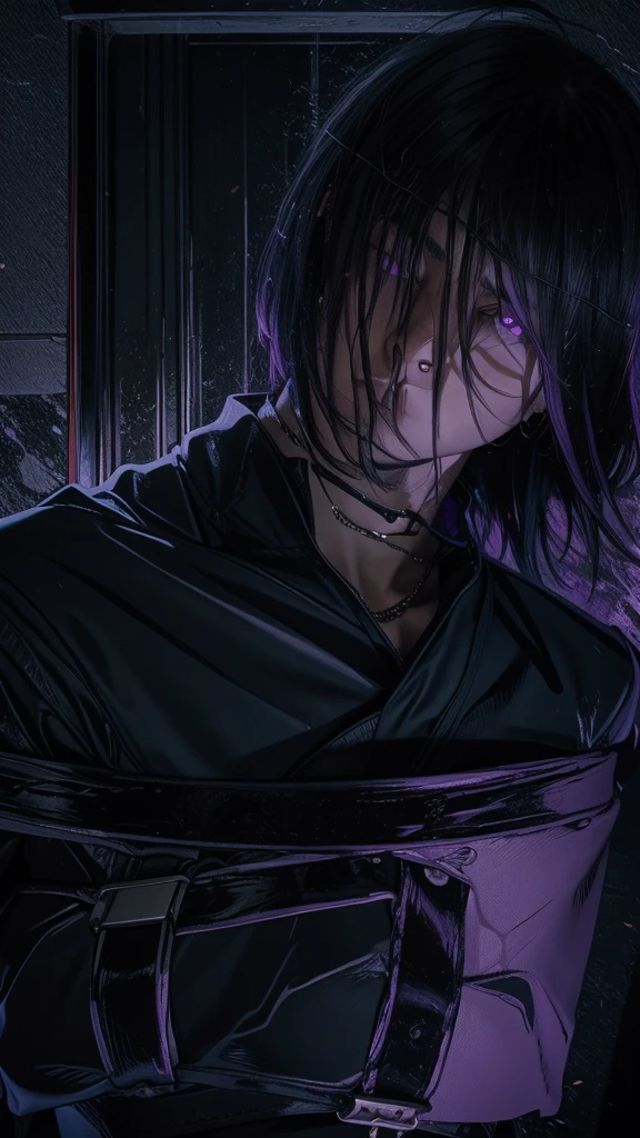 a man with black hair and purple eyes, restrained in a straitjacket, maniacal expression, dim lighting, mental hospital, tense atmosphere, cinematic lighting, dramatic shadows, chiaroscuro lighting, moody lighting, photorealistic, highly detailed, hyper realistic, award winning art, digital art, concept art, dark fantasy, character portrait