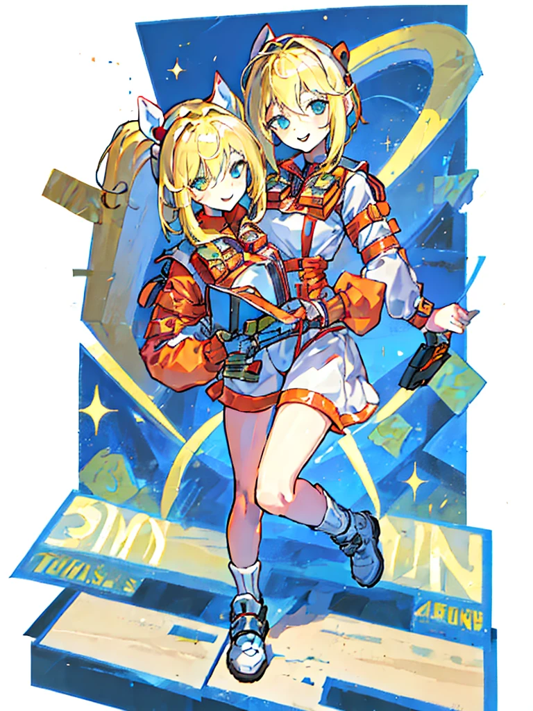 (((Full Body))) (((Twins))) ((Detailed)) They are boy twins 12-year-old with blonde and short hair. One has an smile. Another one appears serious. Both are dressed in practical survival gear with a pragmatic touch. 