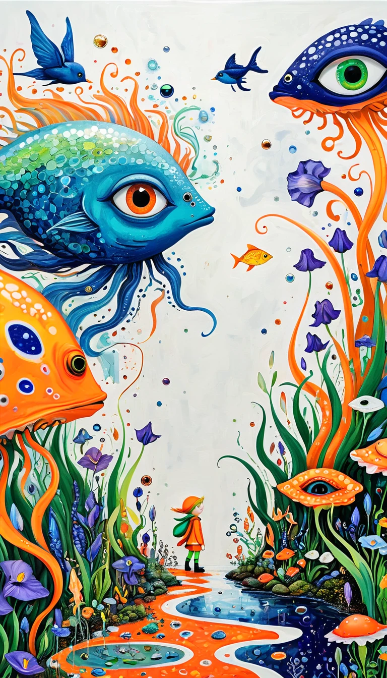 Children's graffiti,Thick coating,Concave and convex texture,Oil pastel strokes:Mini Elf,A cloud,、iris、fish、Tentacles、bird、Eye、diatom,Abstract mosaic painting,Describing the inner world of autistic people,Sense of space,White Space,interesting,Innocence,Psychedelic Art,Orange overall
