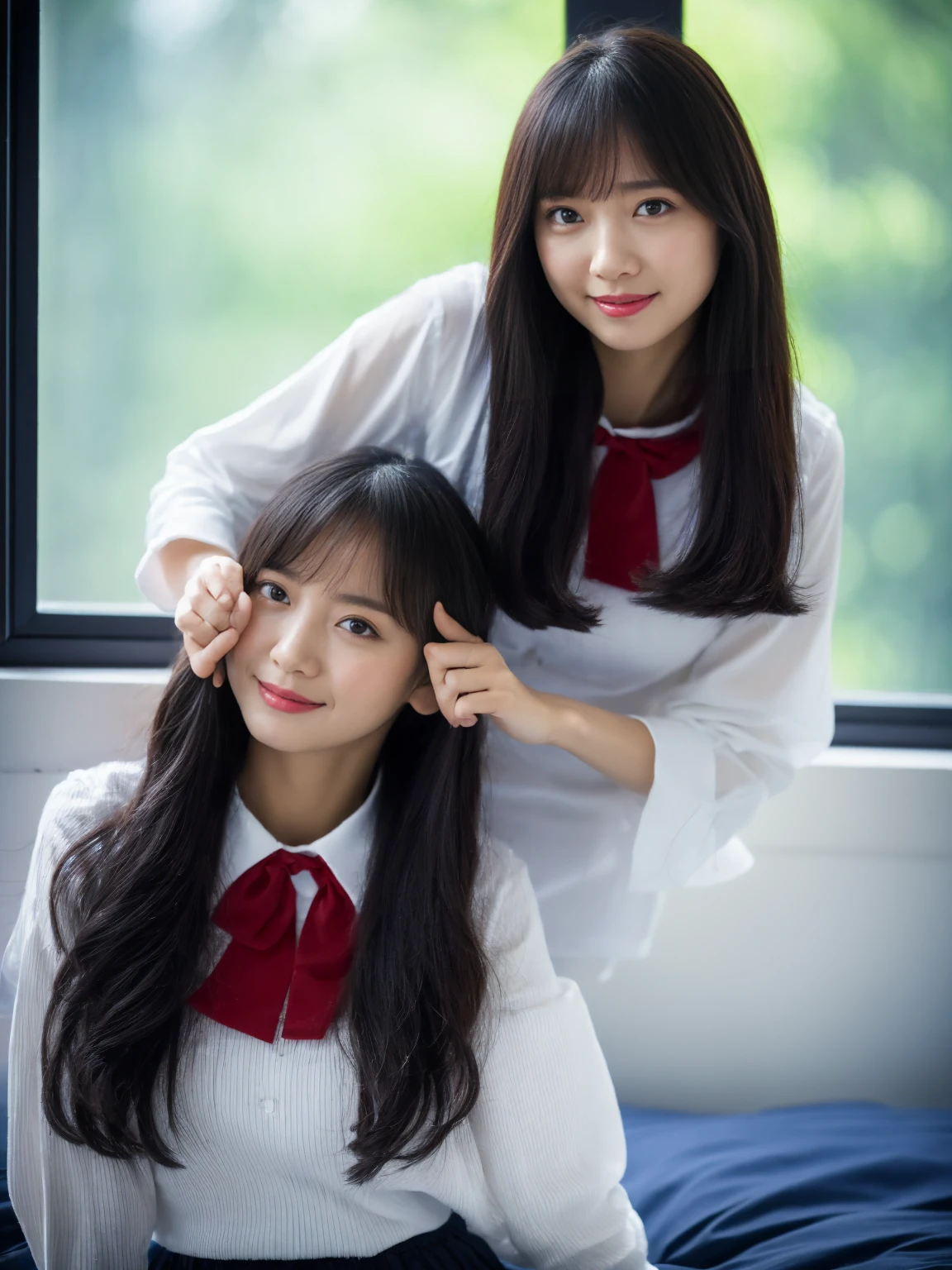 (1girl), (top-quality, 8K, masterpiece:1.3), beautiful Girl, pure, A sweet smile, pure lust, slender figure, (The upper part of the body), (frontage), (tilted head), Look directly at the camera, Uniforms, white shirt, blue skirt, obi, Formal, Black silky long straight hair, long hair flowing over the shoulders, the gesture of combing one's hair, round black big eyes, clear big eyes, Wet red lips, Dolce, sitting on the edge of a bed, Window sill background,
