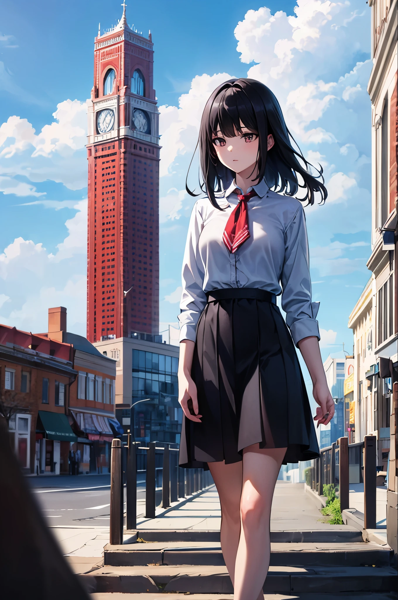 (masterpiece,up to date,Exceptional:1.2), anime,One girl:1.3,bangs,Black Hair, Beautiful 8k eyes,blue sky,bridge,building,city,cloud,Day,dress,Outdoor,red_Neckwear,red_ribbon,Are standing,town,