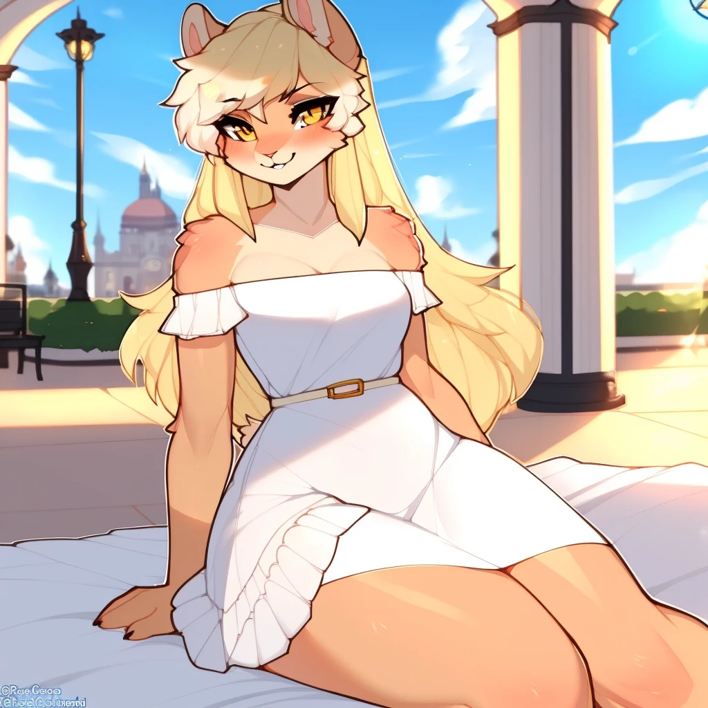 sfw, by claweddrip, by ressue, by pudgeruffian, by fleet-foot, by thericegoat, best quality, masterpiece, solo, female, rabbit, rabbit tail, (lop ears:1.1), blonde hair, long straight hair, beige fur, yellow eyes, bright eyes, medium breast, sundress, white sundress, off-shoulder, frills, gentle smile, plaza scenery
