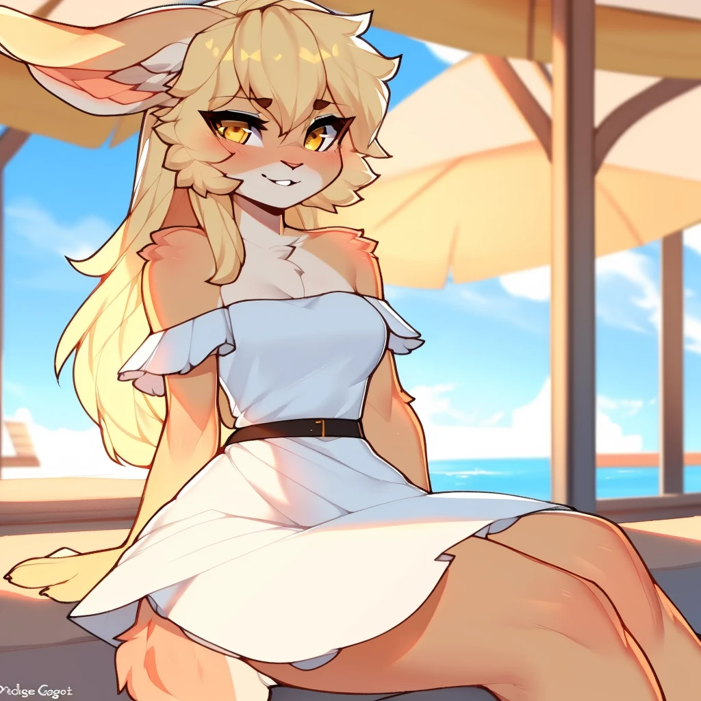 sfw, by claweddrip, by ressue, by pudgeruffian, by fleet-foot, by thericegoat, best quality, masterpiece, solo, female, rabbit, rabbit tail, (lop ears:1.1), blonde hair, long straight hair, beige fur, yellow eyes, bright eyes, medium breast, sundress, white sundress, off-shoulder, frills, gentle smile, plaza scenery