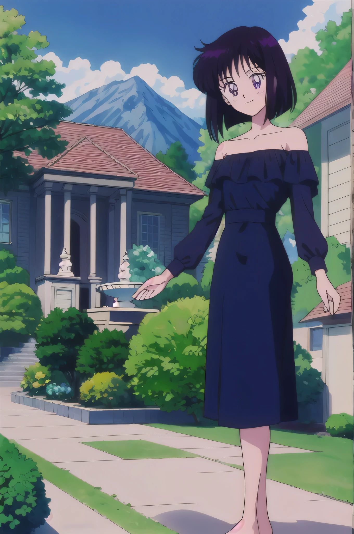 Hotaru Tomoe, 1 girl, solo, Best quality, masterpiece, High Definition, Teenager, Purple Eyes, Beautiful Detail Eyes, Black Bob Hair, Good hands at sides, Seductive Smile, Blushing, Bare Neck, Bare Shoulders, strapless white short ruffle off the shoulder dress. Standing up. Cowboy shot. A landscape of blue skies, a mountain, a mansion, an garden maze, a water fountain