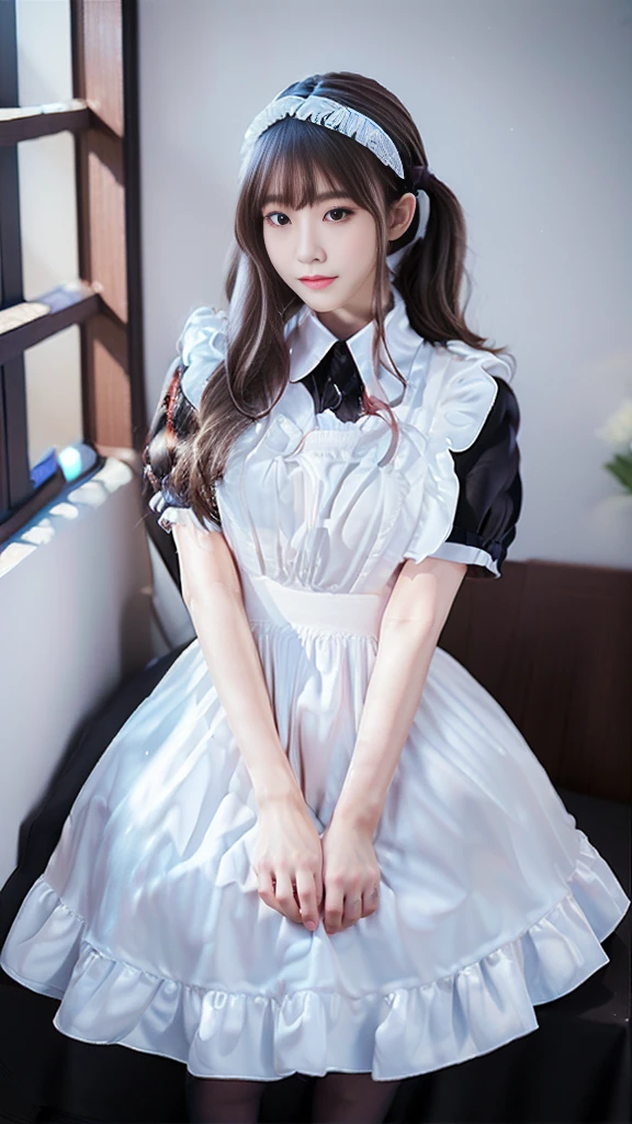 ((Masterpiece，Highest quality，Highest quality，8K，16K，Ultra-high resolution，極めてdetailed，detailed))，(Japanese，Maid，Servant)，Beauty，Slender，sexy，D Cup，Narrow waist，Long, slender legs，Bedroom，Large windows，Curtains fluttering in the wind，