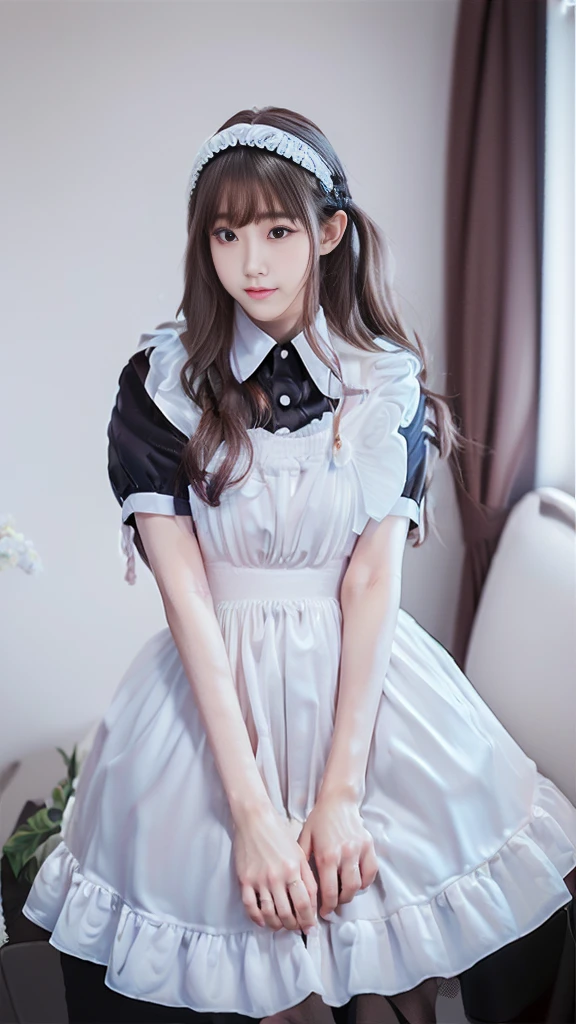 ((Masterpiece，Highest quality，Highest quality，8K，16K，Ultra-high resolution，極めてdetailed，detailed))，(Japanese，Maid，Servant)，Beauty，Slender，sexy，D Cup，Narrow waist，Long, slender legs，Bedroom，Large windows，Curtains fluttering in the wind，