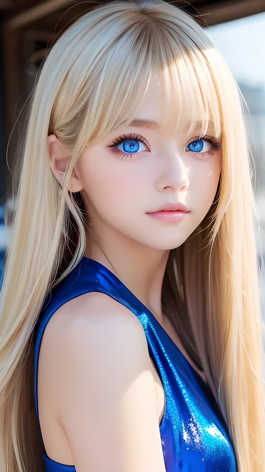 Very beautiful face、Super Long Hair、windy silky blonde super long hair、Swinging bangs、19 year old cute sexy blue eyed blonde girl、Hair above the eyes、片Hair above the eyes、Hair between the eyes、Big bright blue eyes that sparkle so beautifully、eyeliner、Bright expression、