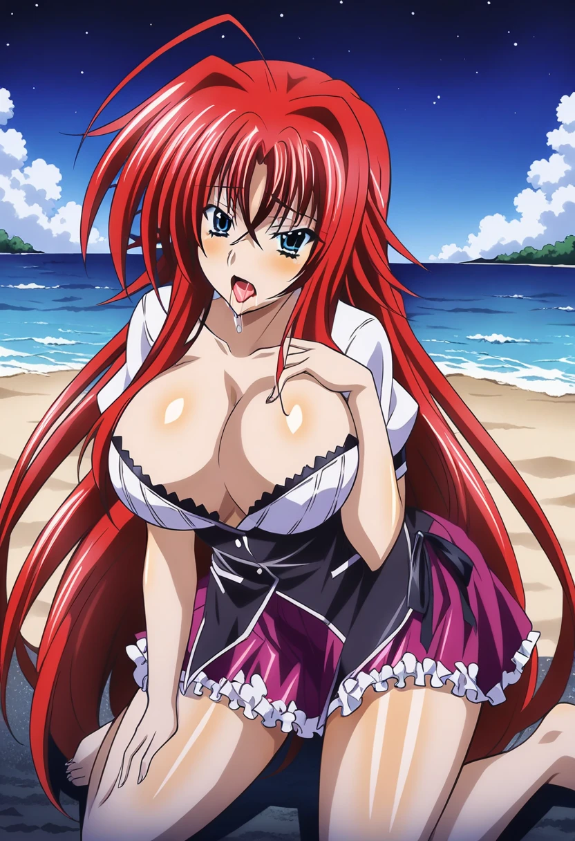 (anime art style:0.5), 2d, masterpiece, best quality, very aesthetic, absurdres, dynamic shadows, atmosferic, (1girl), rias_gremory,, high_school_dxd, (solo), (red hair), long hair, blue eyes, detailed eyes, hair between eyes, bangs, big breasts, cleavage, curvy body, makeup, (school uniform:1.0), (miniskirt:1.0), black ribbon, loose ribbon, pleated skirt, frilled skirt, purple skirt, white shirt, puffy sleeves, ahegao, tongue, saliva, (cowboy shot), ((from front)), (wariza), (looking at viewer), clouds, night, beach, sea, (dark), (cinematic)