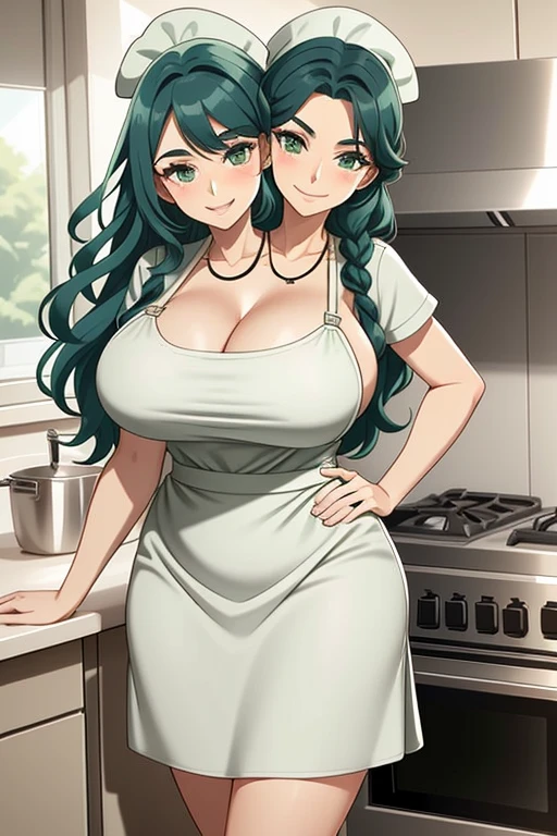 2heads, a tall fat woman with 2 heads. She is in a kitchen, standing behind a countertop She is wearing an apron. Cleavage. She is wearing a bandana to push her hair back. She has long curly green hair. She is very tall and mature. She is baking a pastry. Her apron is dirty. She is happy and smiling. She is messy from baking. Motherly, milf.
