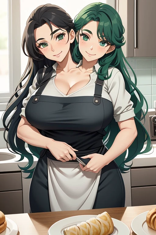 2heads, a tall fat woman with 2 heads. She is in a kitchen, standing behind a countertop  She is wearing an apron. Cleavage. She is wearing a bandana to push her hair back. She has long curly green hair. She is very tall and mature. She is baking a pastry. Her apron is dirty. She is happy and smiling. She is messy from baking. Motherly, milf.