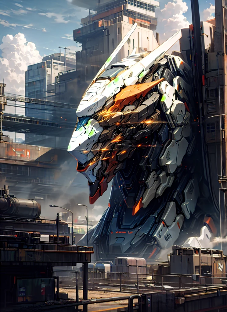 sky, cloud, holding_weapon, no_humans, glowing, , robot, building, glowing_eyes, mecha, science_fiction, city, realistic,mecha