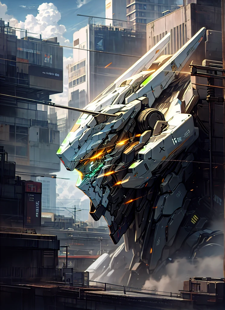sky, cloud, holding_weapon, no_humans, glowing, , robot, building, glowing_eyes, mecha, science_fiction, city, realistic,mecha