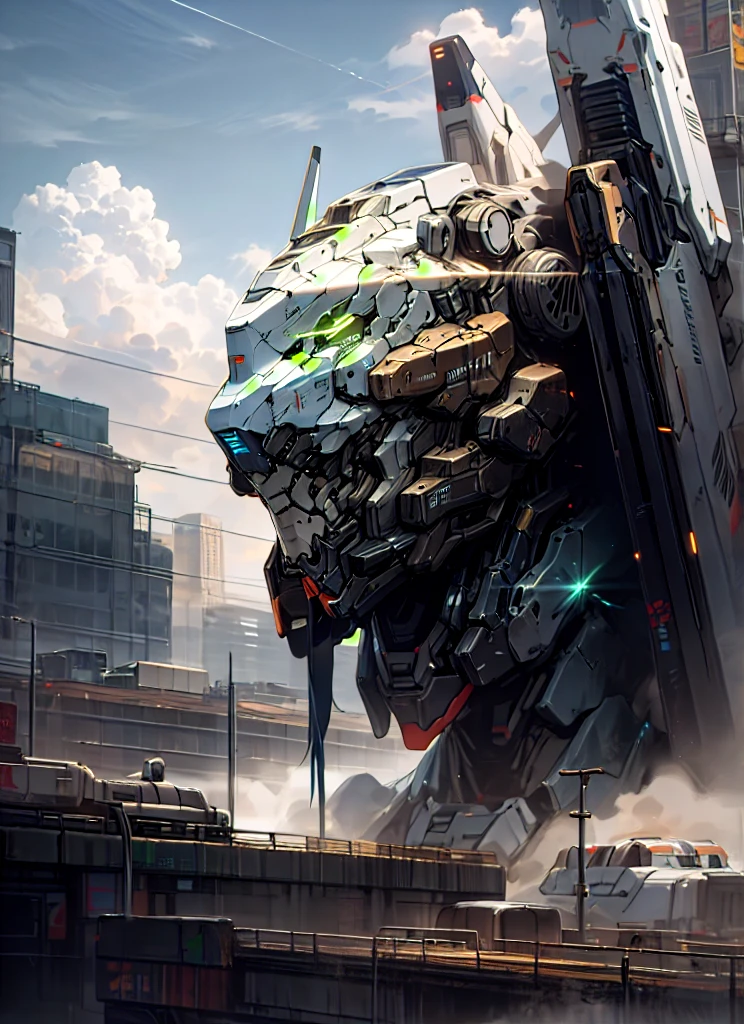 sky, cloud, holding_weapon, no_humans, glowing, , robot, building, glowing_eyes, mecha, science_fiction, city, realistic,mecha