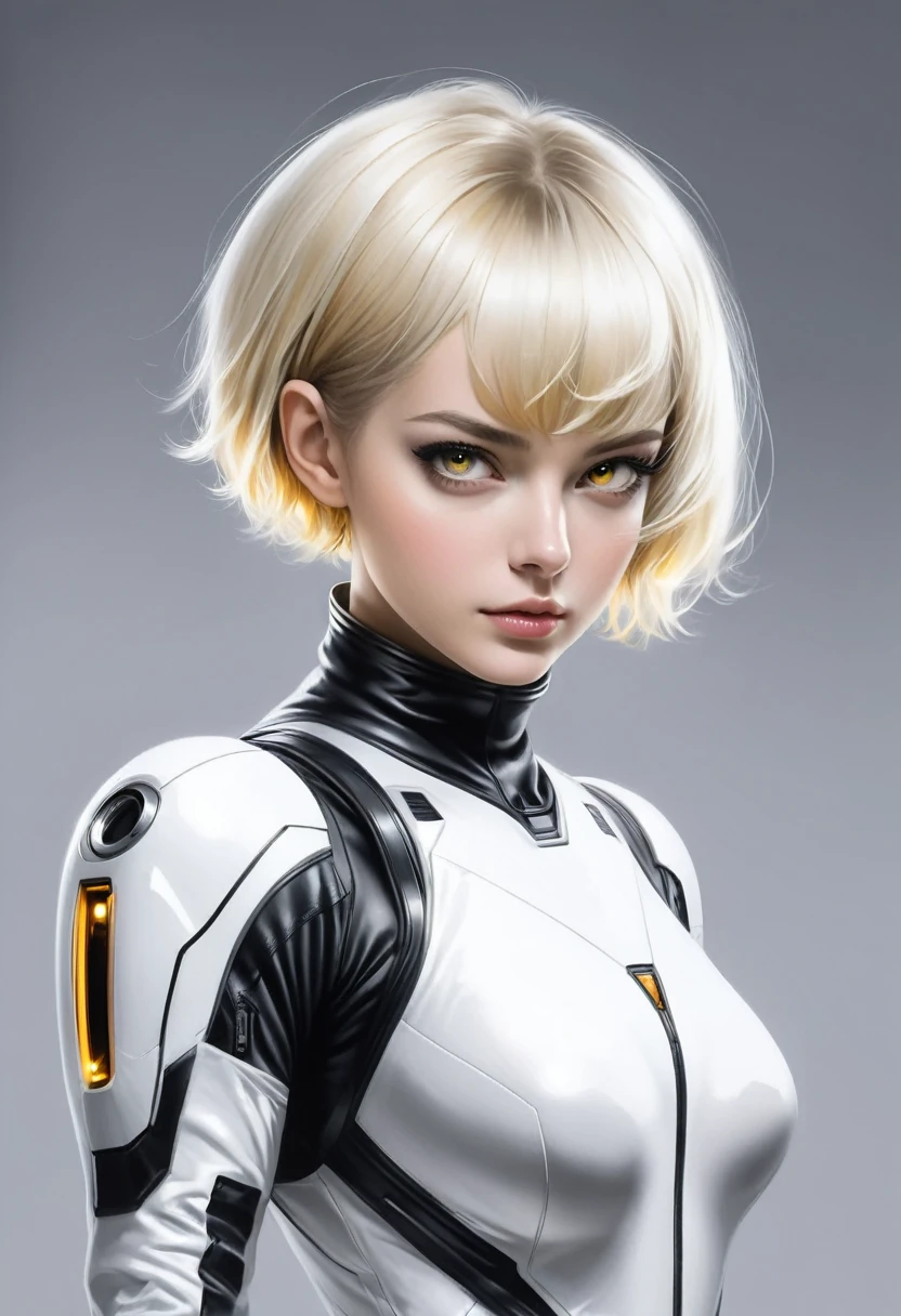 woman in a futuristic black and white space suit, holding her helmet, she has short blond pixie hair cut and amber eyes. behind the woman is a solid gray background.