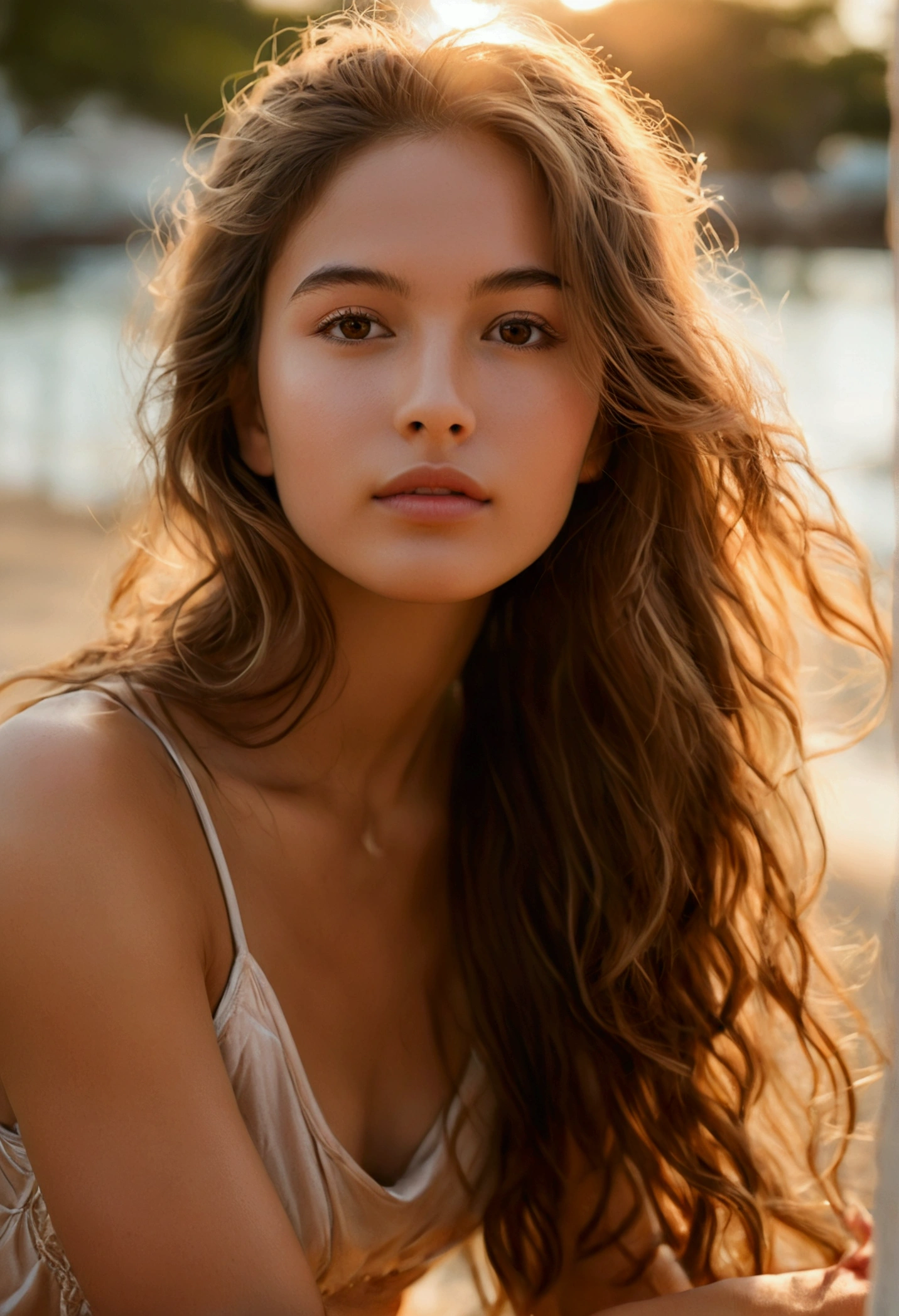 Outdoor Sunset Portrait: A photograph taken in a park or on a beach at sunset, with soft golden-hour light illuminating her long, flowing light brown hair and glowing complexion. She could wear a light dress or a chic Parisian top that subtly reveals her shoulders and soft silhouette. Close-Up Portrait with a Natural Look: Use an 85mm lens to capture a close-up portrait that highlights her light brown eyes and glowing peach complexion. Her expression should be natural and welcoming, emphasizing her youth and natural beauty. Studio Photoshoot with Soft Lighting: In a studio setting, use soft lighting to enhance her peachy skin and light brown hair. She could wear elegant clothing that subtly accentuates her feminine silhouette. Motion Portrait: Capture an image of her in motion, perhaps walking in a park or along a promenade, wearing leggings and a sports top that highlight her figure while maintaining a touch of sophistication. Casual Beach Photo: A relaxed beach photo, feet in the sand, with a light and flowing outfit that reflects her femininity and personal style. Portrait with Play of Light and Shadows: Experiment with lighting and shadows to create a more dramatic effect while preserving the softness of her face and silhouette. A photorealistic portrait of a 20-year-old Colombian girl with long, flowing dark hair and striking dark eyes. She should have a natural, approachable expression and be illuminated by soft, golden-hour sunlight. The background should be a scenic outdoor setting, perhaps a sunlit park or beach. Capture this image with a high-resolution photograph using an 85mm lens for a flattering perspective. Hair: Long and light brown, often styled naturally or with gentle waves. Eyes: Light brown. Complexion: Peach, glowing and well-maintained skin. Build: Soft and feminine, in shape but not overly muscular. Big . Fashion style: chic Parisian fashion. in a boat with a tropical environement