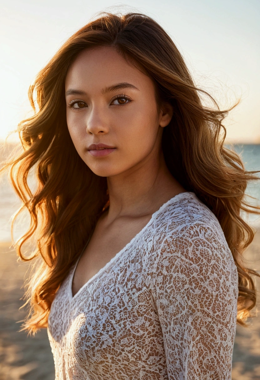 Outdoor Sunset Portrait: A photograph taken in a park or on a beach at sunset, with soft golden-hour light illuminating her long, flowing light brown hair and glowing complexion. She could wear a light dress or a chic Parisian top that subtly reveals her shoulders and soft silhouette. Close-Up Portrait with a Natural Look: Use an 85mm lens to capture a close-up portrait that highlights her light brown eyes and glowing peach complexion. Her expression should be natural and welcoming, emphasizing her youth and natural beauty. Studio Photoshoot with Soft Lighting: In a studio setting, use soft lighting to enhance her peachy skin and light brown hair. She could wear elegant clothing that subtly accentuates her feminine silhouette. Motion Portrait: Capture an image of her in motion, perhaps walking in a park or along a promenade, wearing leggings and a sports top that highlight her figure while maintaining a touch of sophistication. Casual Beach Photo: A relaxed beach photo, feet in the sand, with a light and flowing outfit that reflects her femininity and personal style. Portrait with Play of Light and Shadows: Experiment with lighting and shadows to create a more dramatic effect while preserving the softness of her face and silhouette. A photorealistic portrait of a 20-year-old Colombian girl with long, flowing dark hair and striking dark eyes. She should have a natural, approachable expression and be illuminated by soft, golden-hour sunlight. The background should be a scenic outdoor setting, perhaps a sunlit park or beach. Capture this image with a high-resolution photograph using an 85mm lens for a flattering perspective. Hair: Long and light brown, often styled naturally or with gentle waves. Eyes: Light brown. Complexion: Peach, glowing and well-maintained skin. Build: Soft and feminine, in shape but not overly muscular. Big . Fashion style: chic Parisian fashion. in a boat with a tropical environement