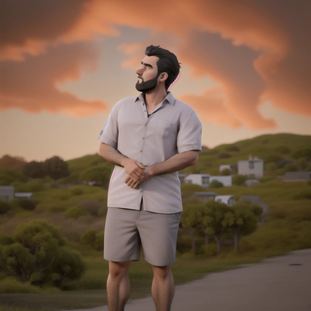 Create a tall man, with broad shoulders, thin legs, tidy hair, serious face, serious look, with black clothes with gray parts, in the office alone, standing.  in the best quality, 3D, 4k quality