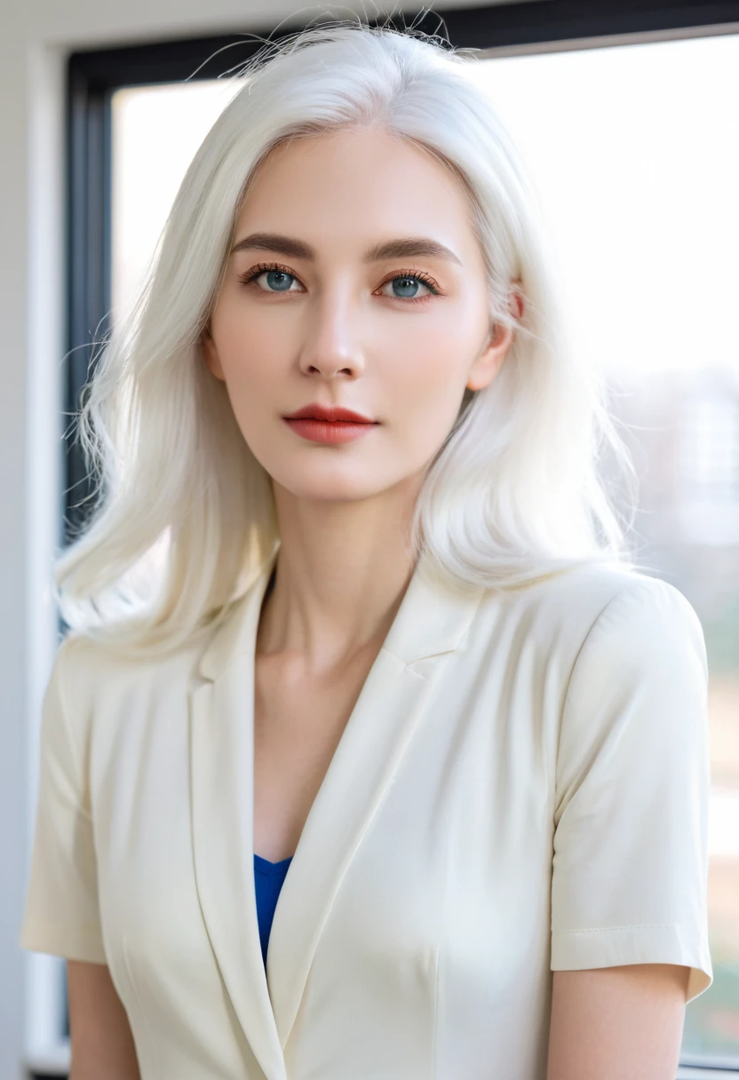 Tall beautiful woman with white hair in a school