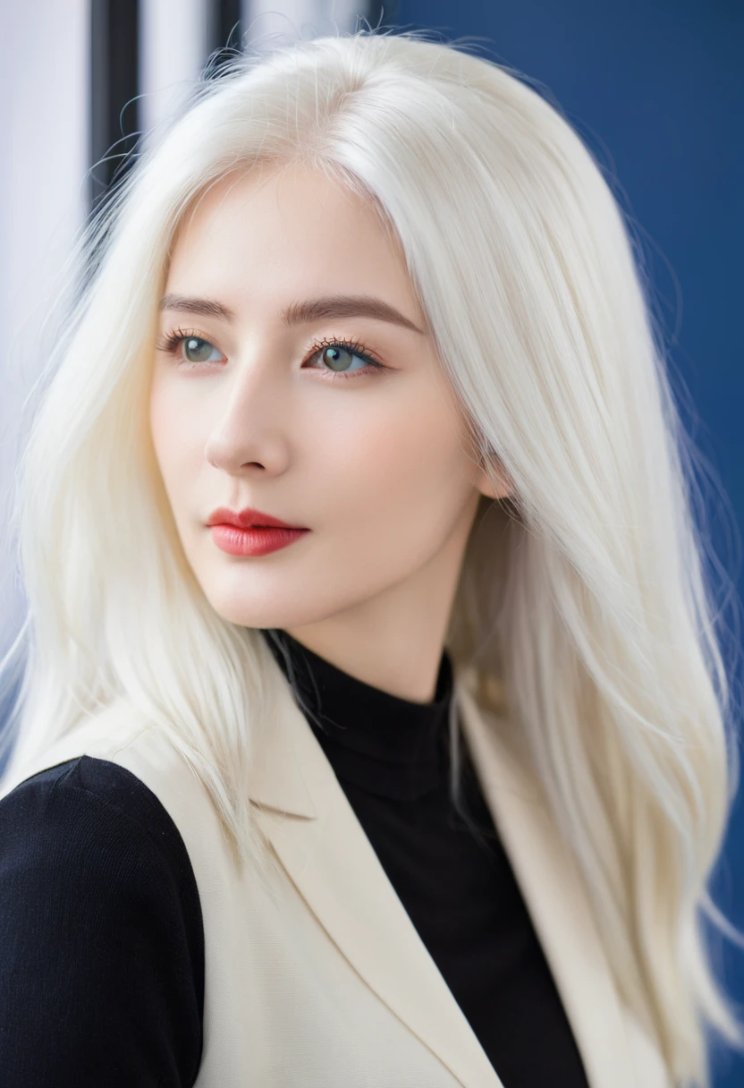 Tall beautiful woman with white hair in a school