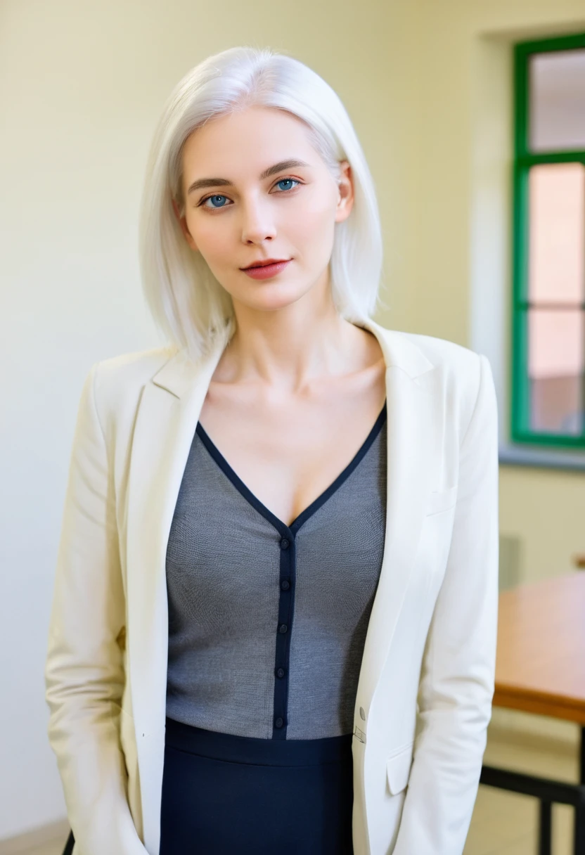 Tall beautiful woman with white hair in a school