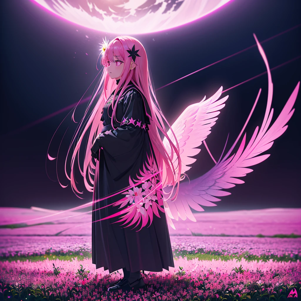 ((((Standing in a flower field)))) (((Long Hair Pink Eyes Pink Hair Black Dress Archangel))) ((night 満moon Western style Shining Aura Face is close Standing in a flower field Close-up)) Broken glass Big ribbon moon star Catch the wind