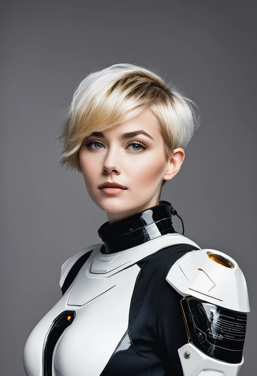 woman in a futuristic black and white space suit, holding her helmet, she has short blond pixie hair cut and amber eyes. behind the woman is a solid gray background.