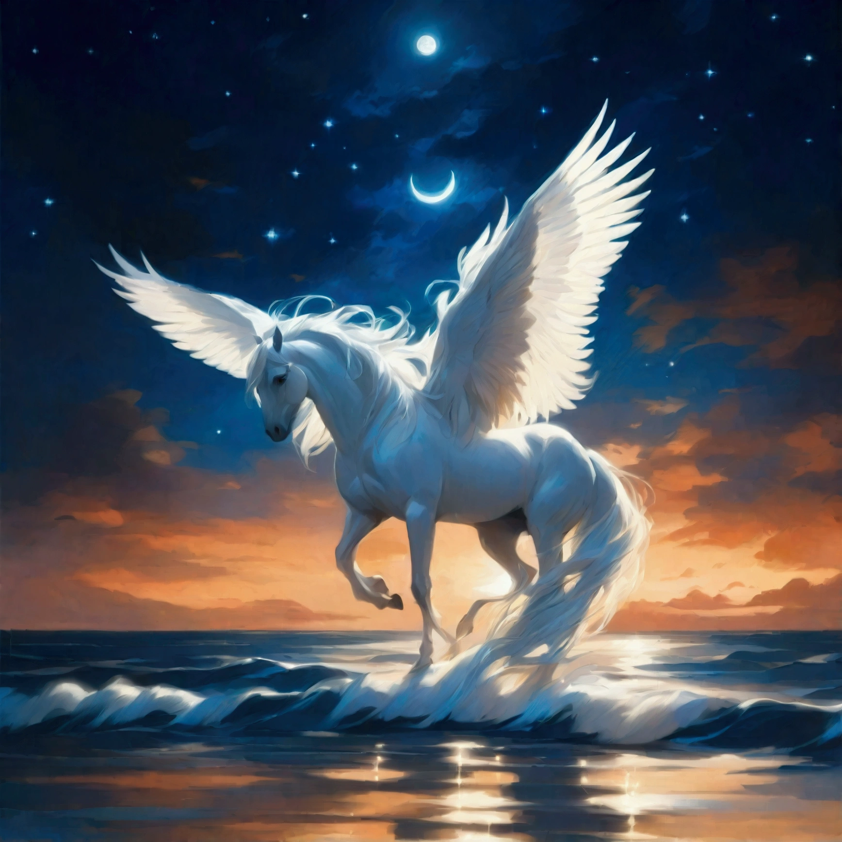 Beautiful Landscape, White Pegasus, Night Sky, Starry Sky, Ocean, moon, Fantasy, romantic, 神秘的
漆黒のNight Skyに、無数の星が煌煌とshine。
moonが静かにOcean面を照らし、The stars are reflected and sparkling on the water's surface.。
White Pegasusが、Oceanの上を優雅に飛んでいる。
The white wings of Pegasuoonの光に照らされ、shine。
Pegasus is、It's like being in a dream、Fantasyな雰囲気を漂わせる。