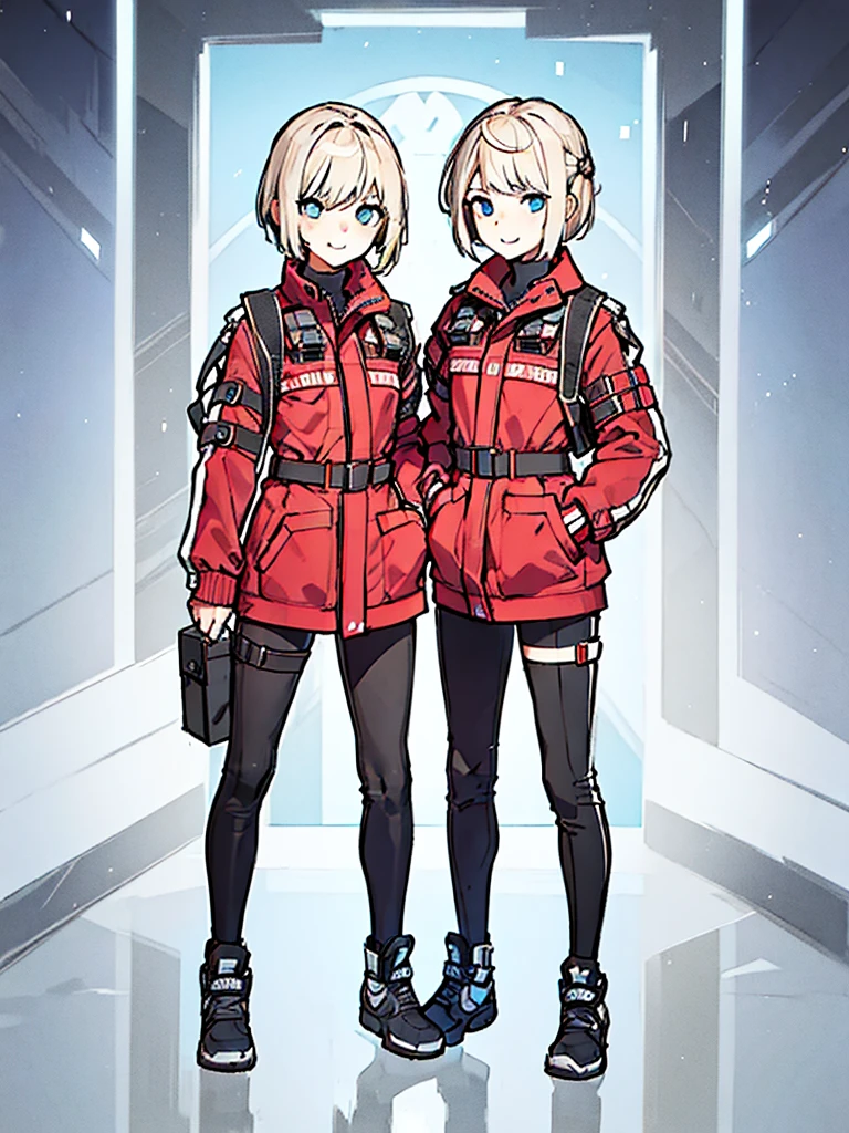 (((Full Body))) (((Twins))) ((Detailed)) They are boy twins 12-year-old with blonde and short hair. One has an smile. Another one appears serious. Both are dressed in practical survival gear with a pragmatic touch. 