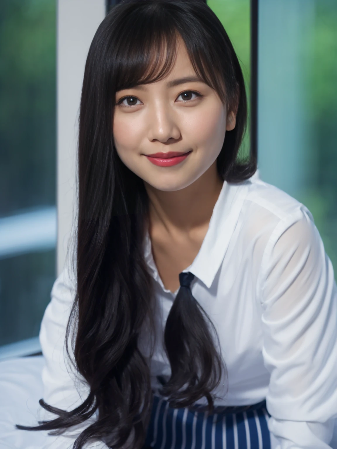 (1girl), (top-quality, 8K, masterpiece:1.3), beautiful Girl, pure, A sweet smile, pure lust, slender figure, (The upper part of the body), (frontage), (tilted head), Look directly at the camera, Uniforms, white shirt, blue skirt, obi, Formal, Black silky long straight hair, long hair flowing over the shoulders, the gesture of combing one's hair, round black big eyes, clear big eyes, Wet red lips, Dolce, sitting on the edge of a bed, Window sill background,